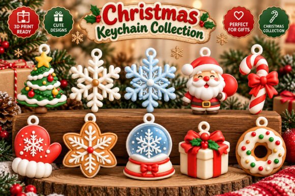 Christmas Keychain 3D Print STL Bundle 10 Festive Holiday Designs Chrismas keychain collection - Image 1