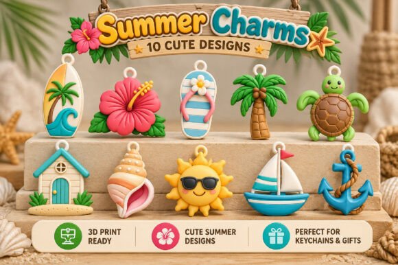 Summer Charms 3D Print Designs Bundle – 10 Beach & Tropical 3D Print Files - Image 1