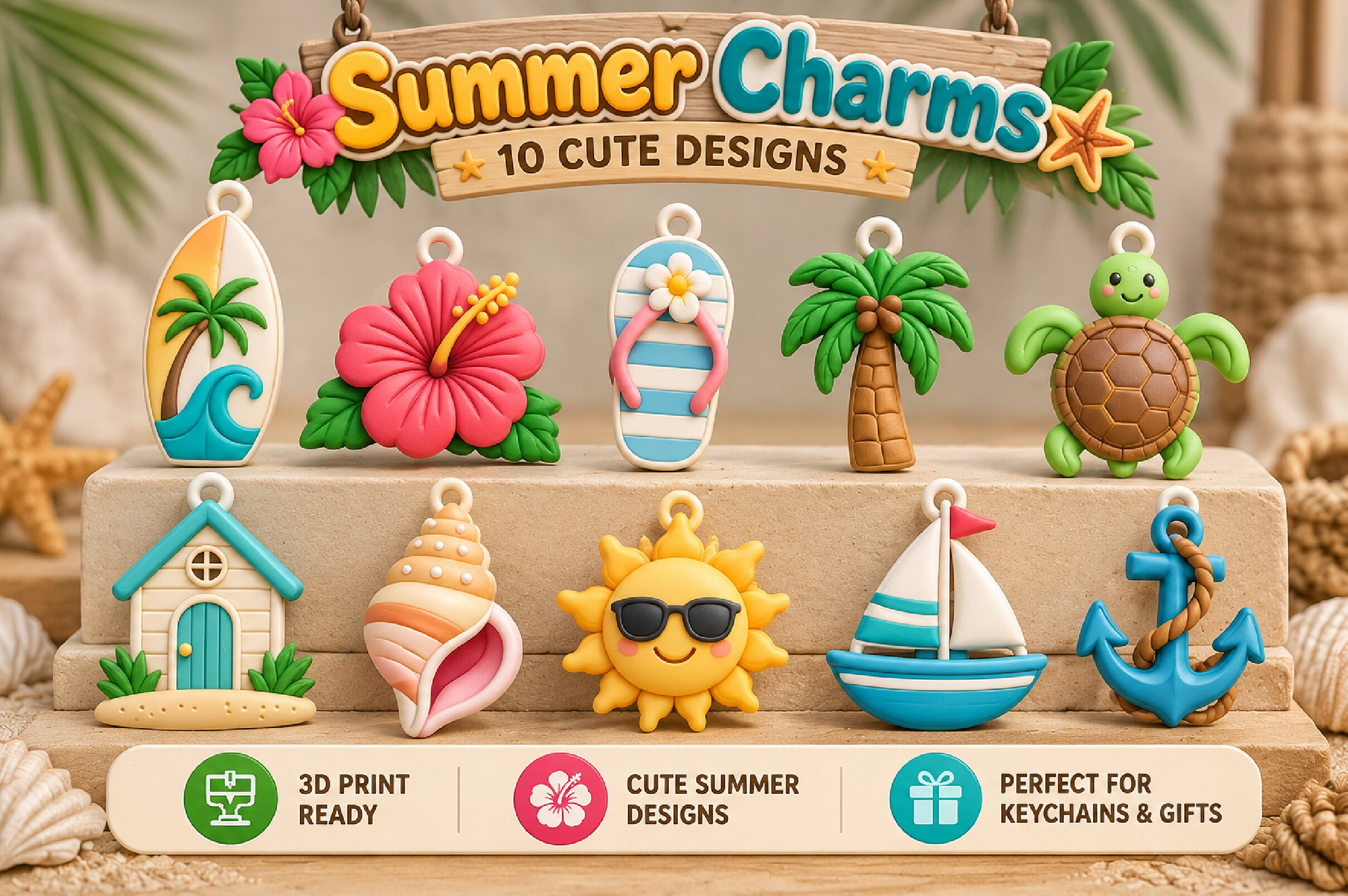 Summer Charms 3D Print Designs Bundle – 10 Beach & Tropical 3D Print Files - Image 6