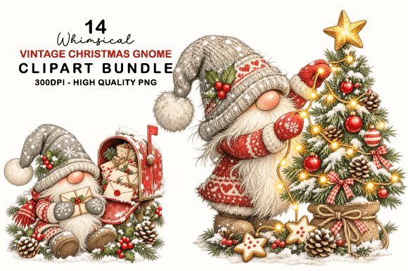 Vintage Christmas Gnome Clipart Bundle