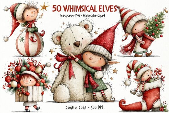 Whimsical Christmas Elves Watercolor