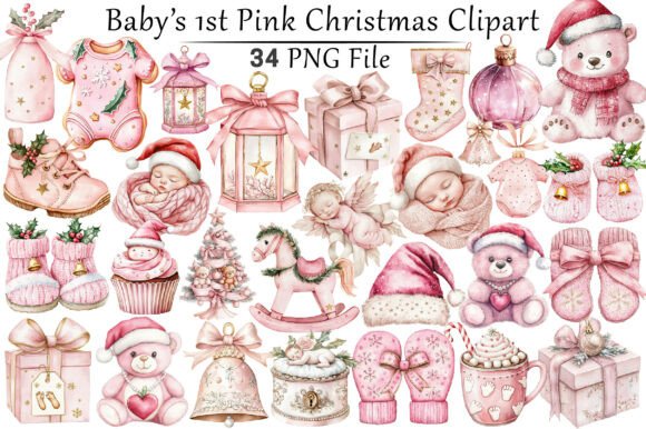 Baby’s 1st Pink Christmas Clipart Grafik Druckbare Illustrationen Von CitraGraphics