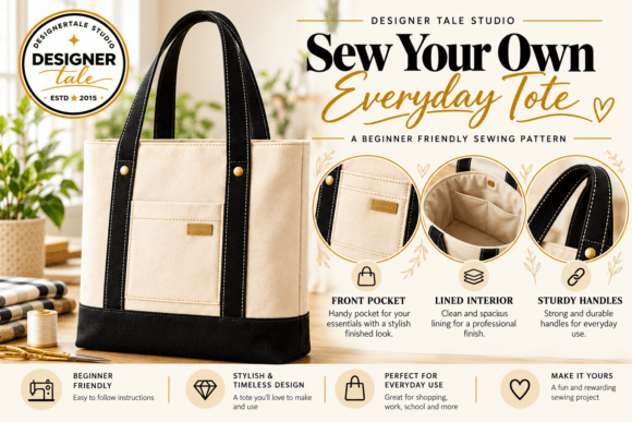 DIY tote bag sewing tutorial showing the two-tone fabric design and practical bag details