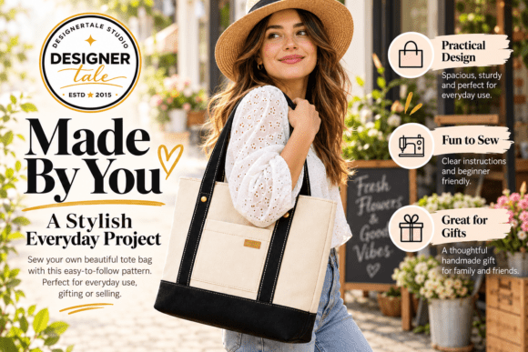 Tote bag pattern measurement diagrams and fabric preparation steps for a DIY sewing project