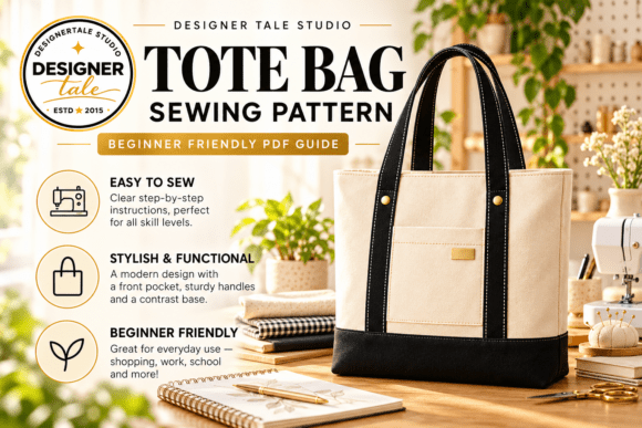 Finished DIY tote bag inspiration with contrasting fabric panels for a handmade everyday handbag