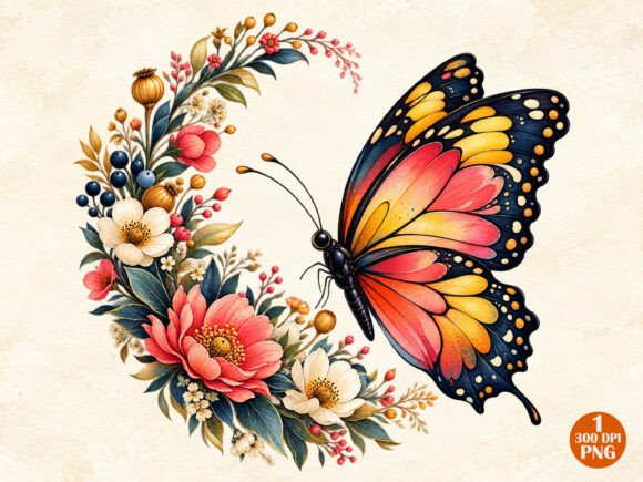 Butterfly Floral Crescent PNG Grafika Ilustracje do Druku Przez Graphic Divine