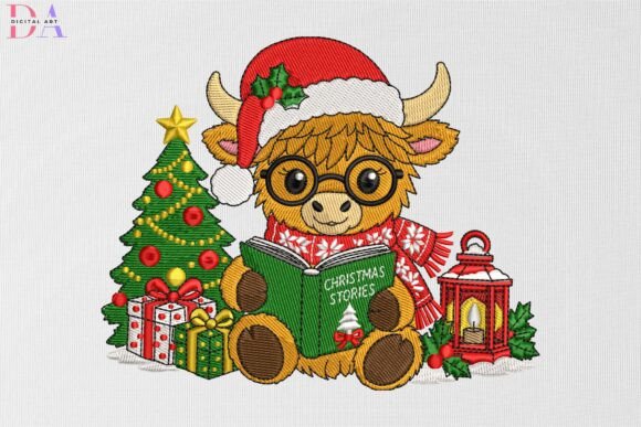Christmas Highland Cow Reading Noël Design de Broderie Par DIGITAL ART