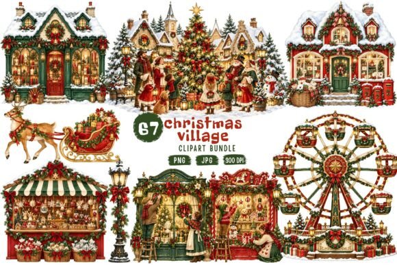 Christmas Village Watercolor Clipart