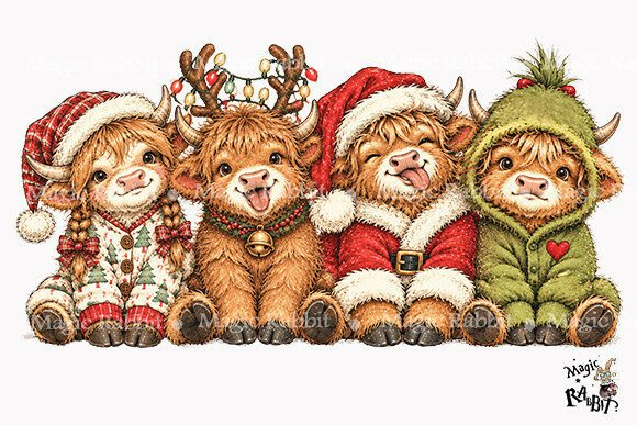 Cute Highland Cow Christmas Squad PNG
