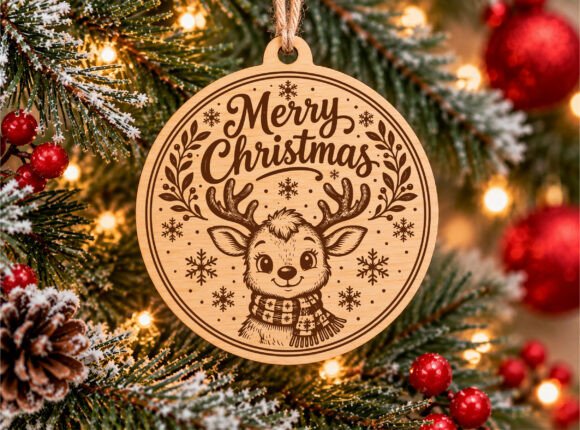Merry Christmas Reindeer Ornament SVG laser cut file