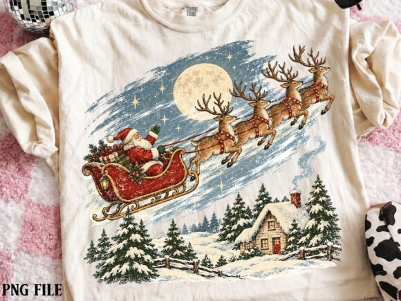 Vintage Santa Sleigh over Snowy Village