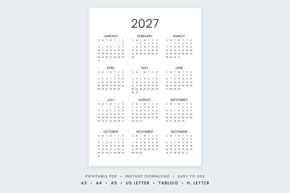2027 Year at a Glance Printable Calendar Graphic Print Templates By DesignXShop