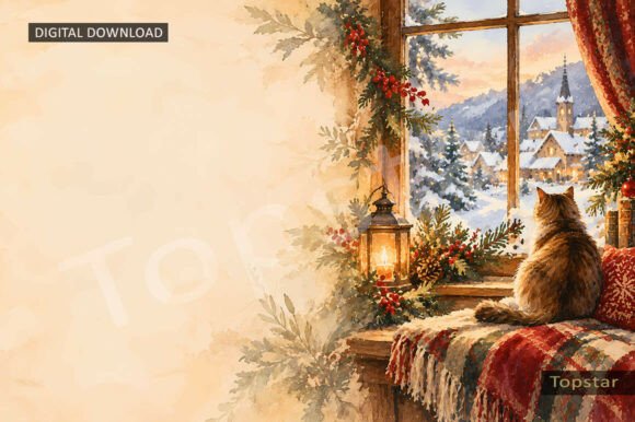 Cat Window Scene Christmas Background Graphics