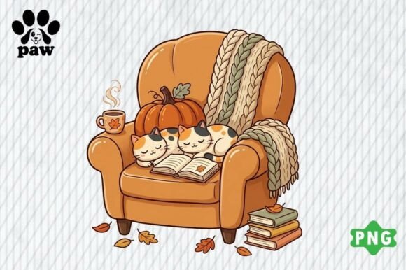 Cozy Fall Cat Books PNG, Autumn Bookish Graphic Illustrations By PAW