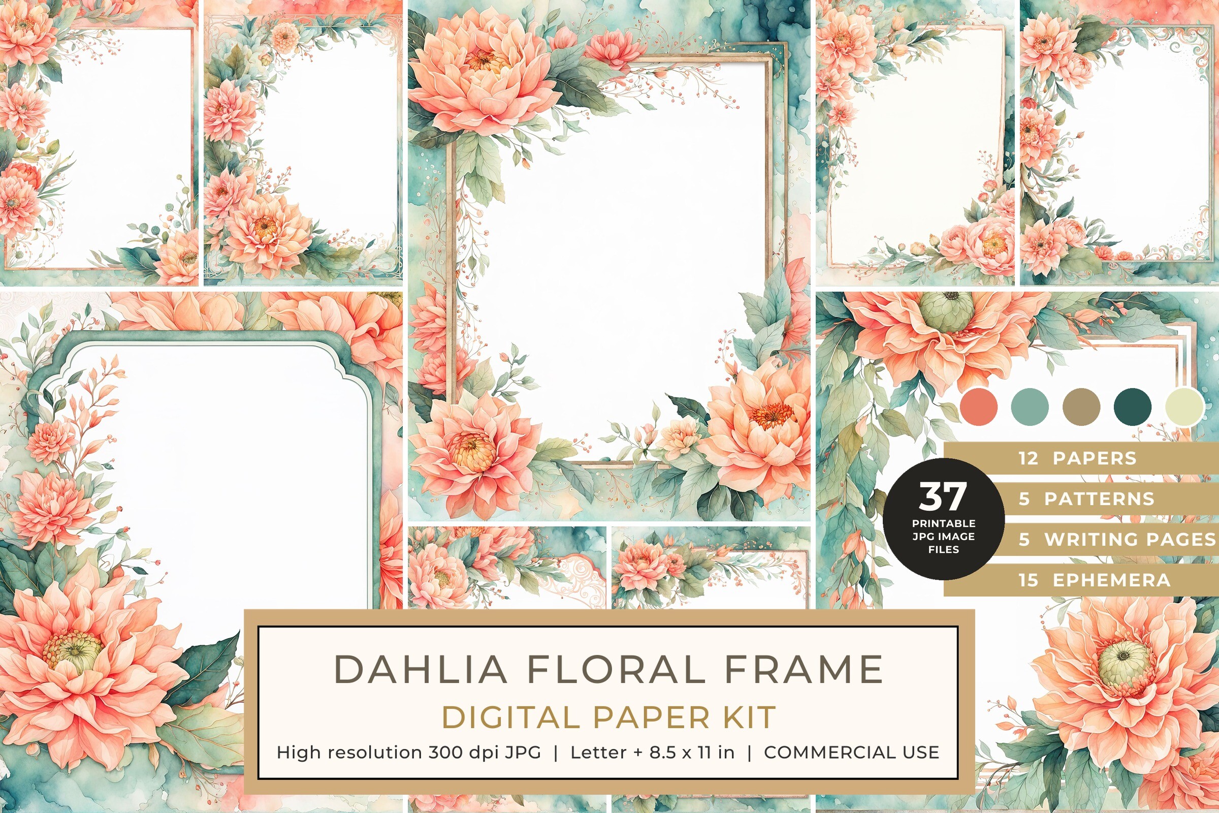 Dahlia Floral Frame Digital Paper Kit Graphic by Whimsical Art Prints ...