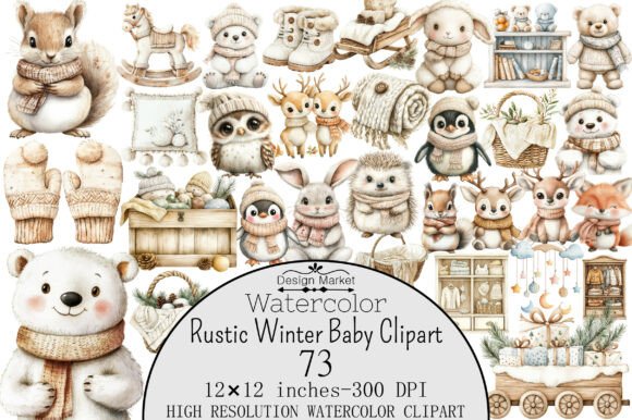 Rustic Winter Baby Watercolor Clipart Graphic Illustrations By Design Market