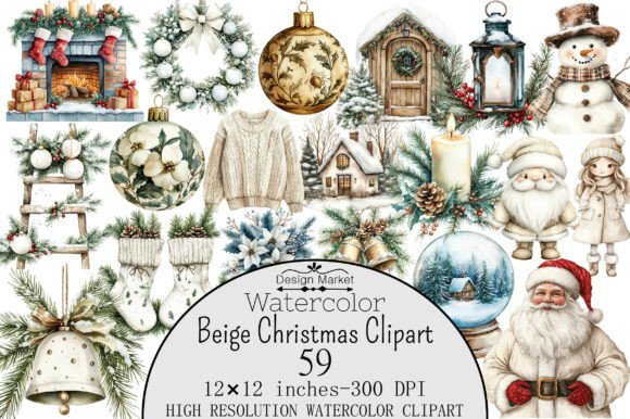 Watercolor Beige Christmas Clipart Illustration Illustrations Imprimables Par Design Market