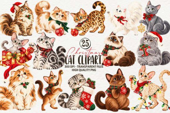 Whimsy Christmas Cat Clipart Grafik Druckbare Illustrationen Von Cat Lady