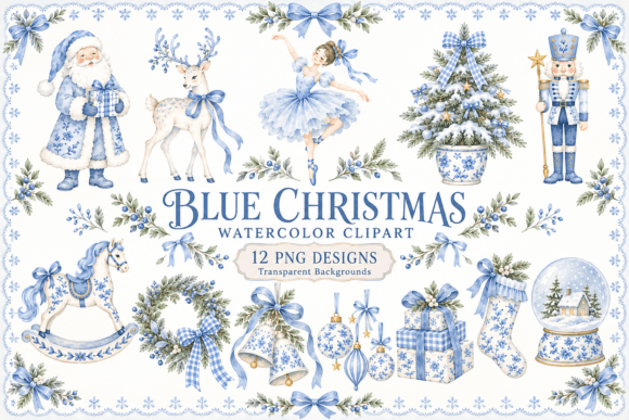 Blue Christmas Watercolor Clipart Bundle
