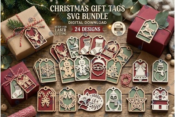 Christmas Gift Tags SVG Bundle laser cut file