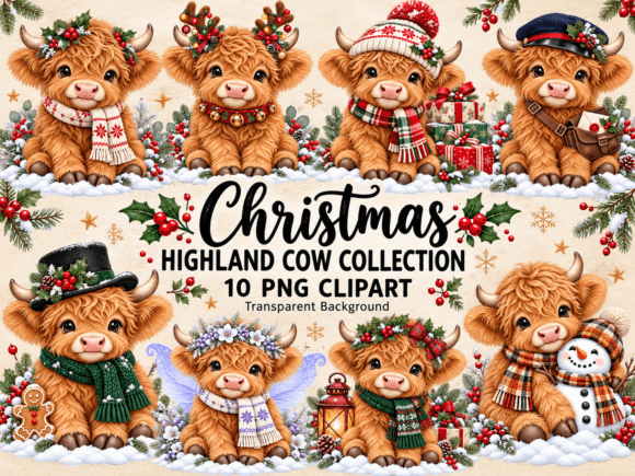 Christmas Highland Cow PNG Bundle