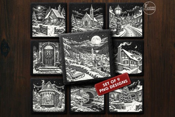 Christmas Village - 9 Vintage Laser Engraving PNG Designs laser cut file