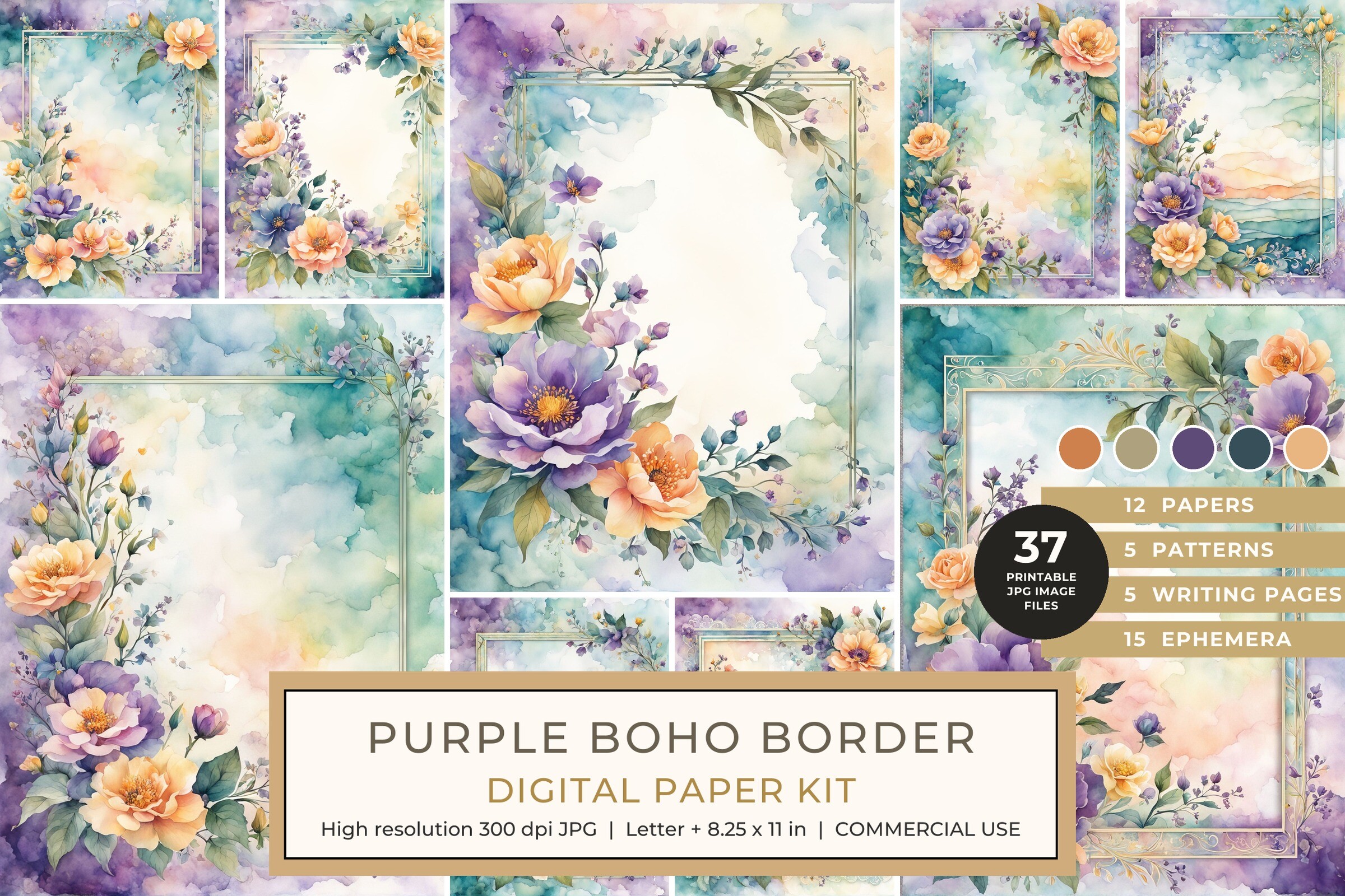 Purple Boho Border Digital Paper Kit Graphic by Whimsical Art Prints ...