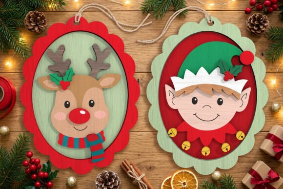 Reindeer & Elf Christmas Ornaments SVG laser cut file