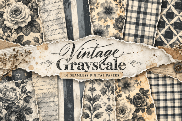 Vintage Grayscale Seamless Digital Paper Grafika Papierowe Wzory Przez Designstock