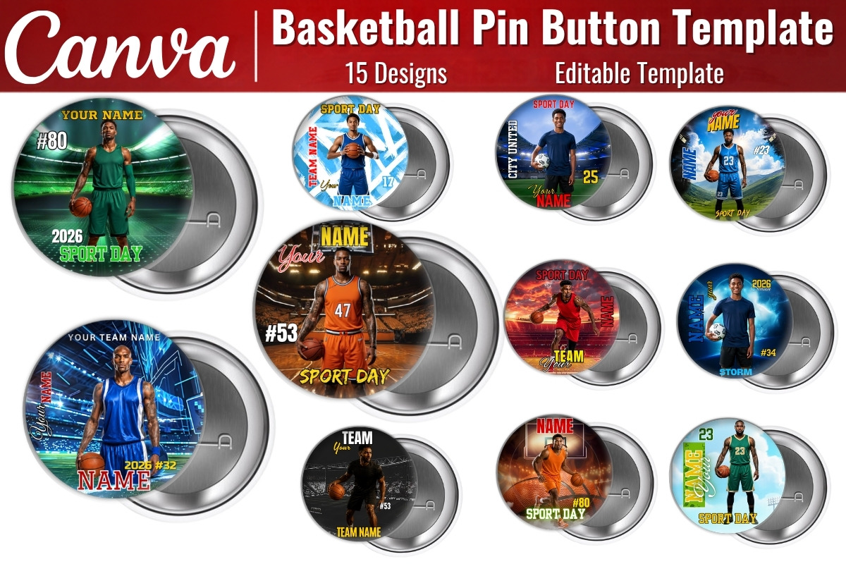 Typewriter Letters Buttons Basketball Button Pin Canva Template Graphic by Artist05 · Creative Fabrica
