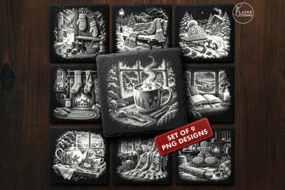 Cozy Winter Christmas - 9 Vintage Laser Engraving PNG Designs laser cut file