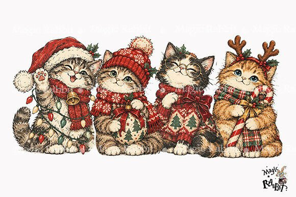 Cute Vintage Christmas Cats Squad PNG
