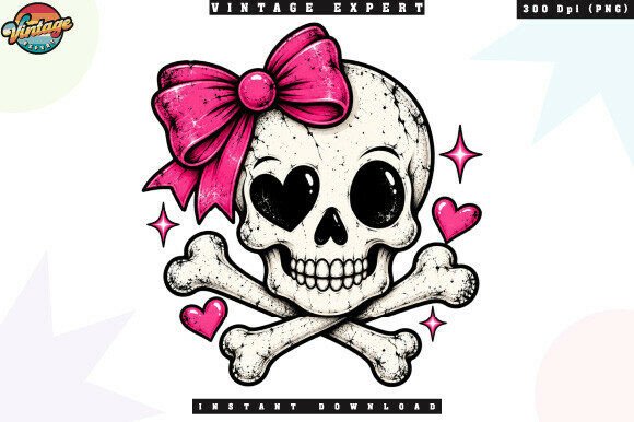 Distressed Skull with Hot Pink Bow PNG Graphic Illustrations By Vintage Expert