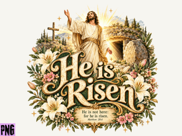 He is Risen Easter Jesus Floral PNG Graphic Illustrations By Real POD Mockups
