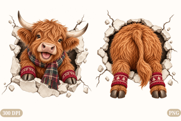 Highland Cow Through Wall Christmas PNG