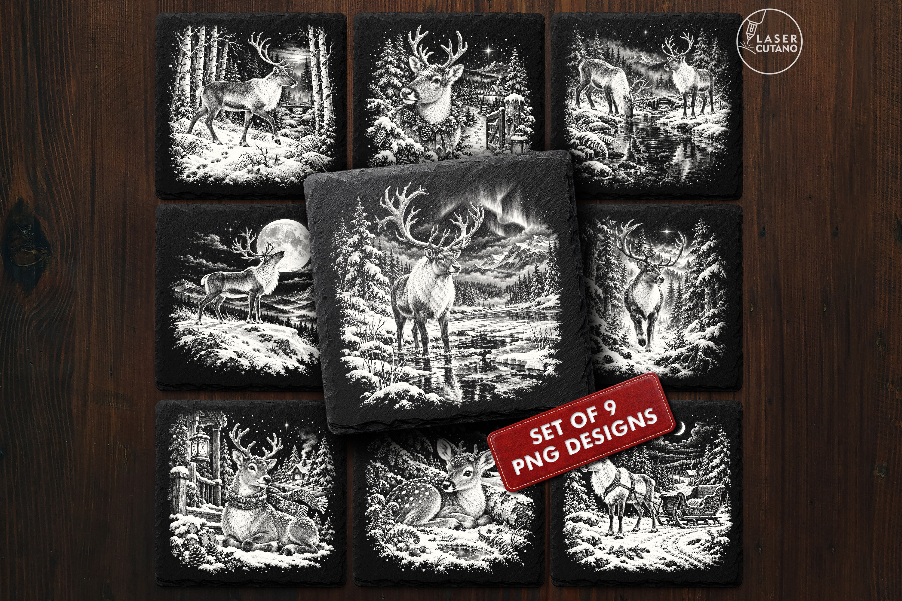 Vintage reindeer in a winter forest laser engraving design