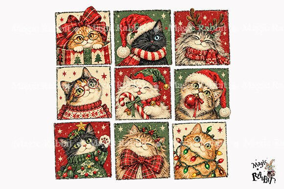 Vintage Christmas Cats Poses PNG