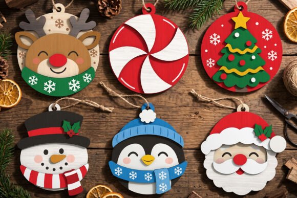 6 Christmas Ornaments Laser SVG laser cut file