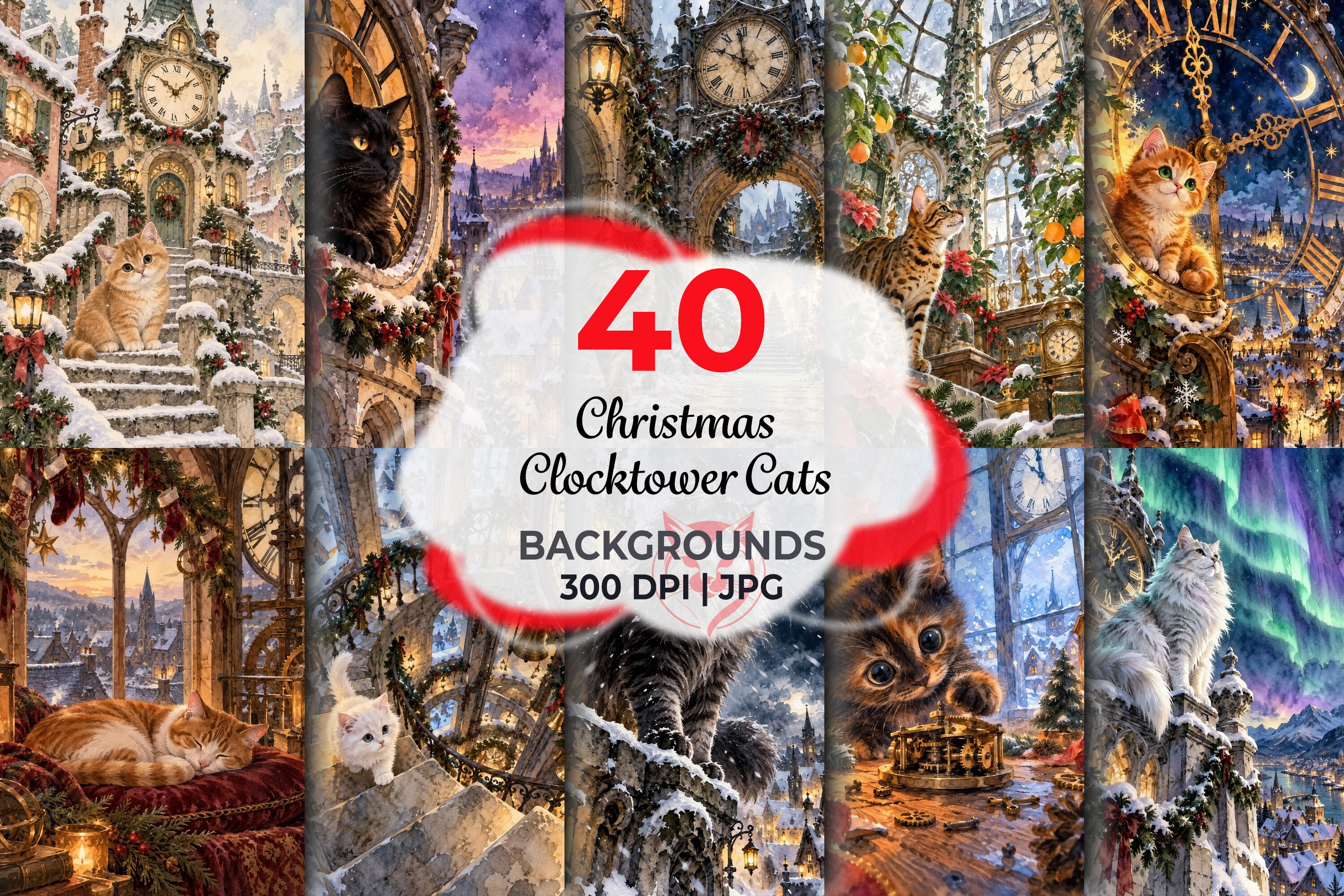 Christmas Clocktower Cats Backgrounds Graphic by Redsky Cat · Creative ...