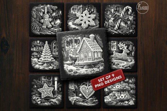 Gingerbread Christmas - 9 Vintage Laser Engraving PNG Designs laser cut file