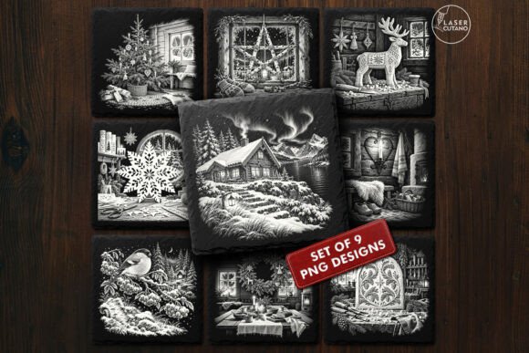 Nordic Christmas - 9 Vintage Scandinavian Laser Engraving PNG Designs laser cut file