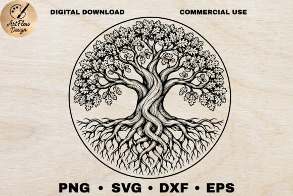 Oak Tree of Life SVG Vintage Engraving Laser Cutting By ArtFlowCODesign
