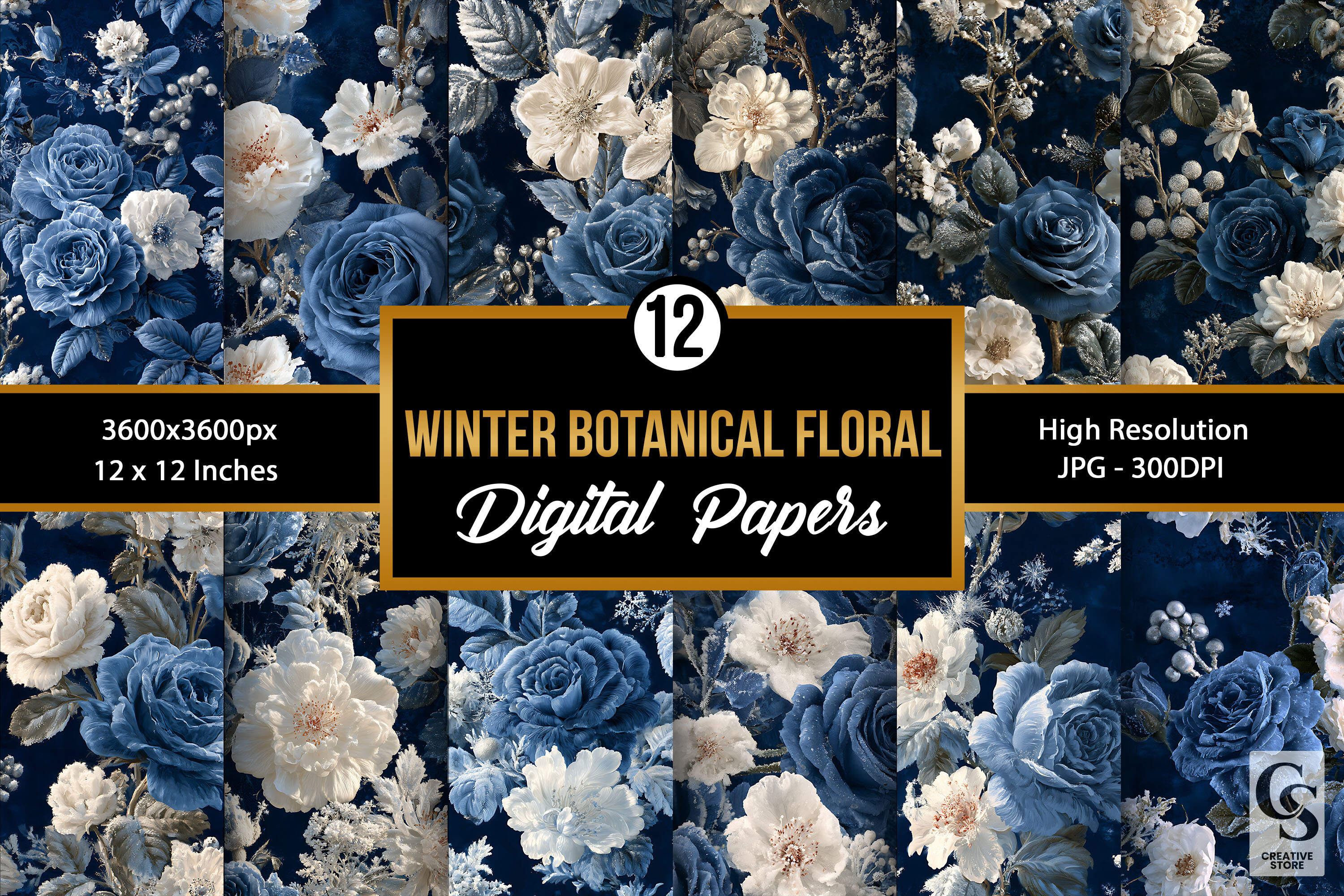 Winter Botanical Blue Flowers Patterns Graphic by Creative Store ...