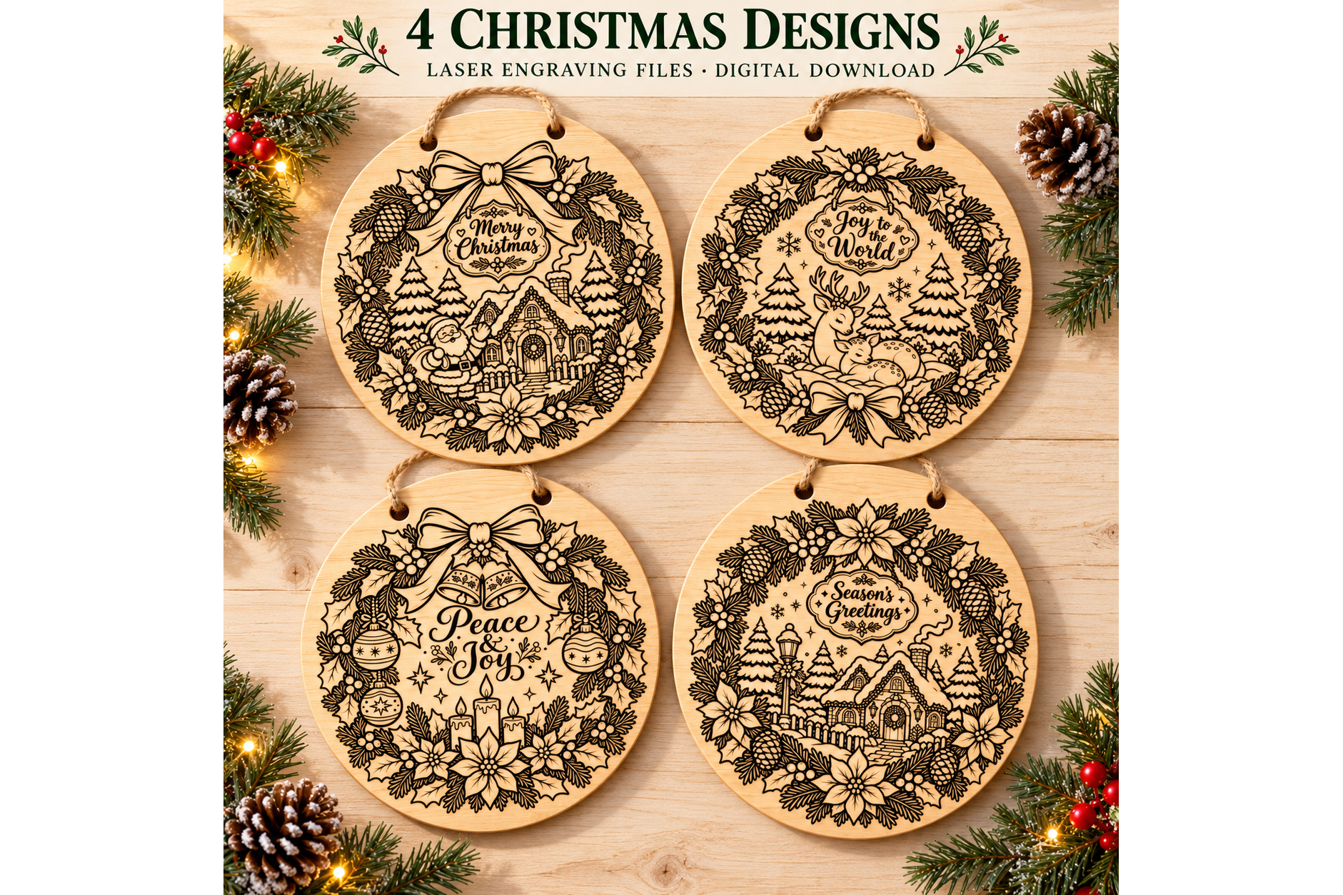 Round wooden Christmas door sign engraving designs