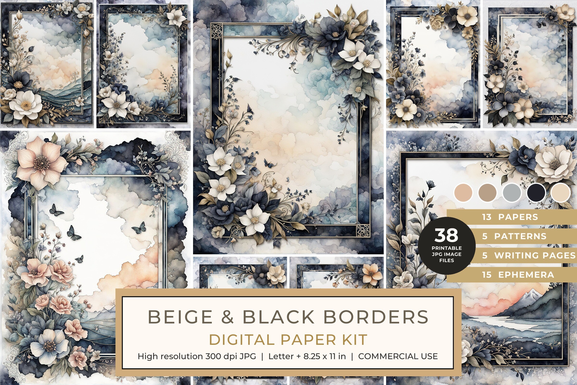 Beige and Black Borders Paper Kit Graphic by Whimsical Art Prints ...