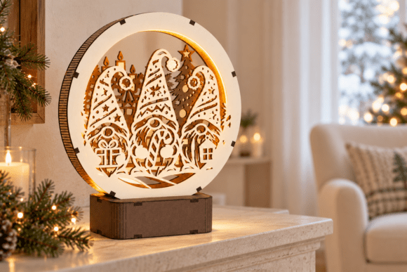 Christmas Gnomes Fireplace LED Lamp SVG laser cut file