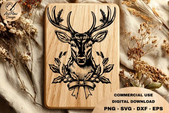 Christmas Stag Vintage Woodcut Art Graphic Illustrations By ArtFlowCODesign