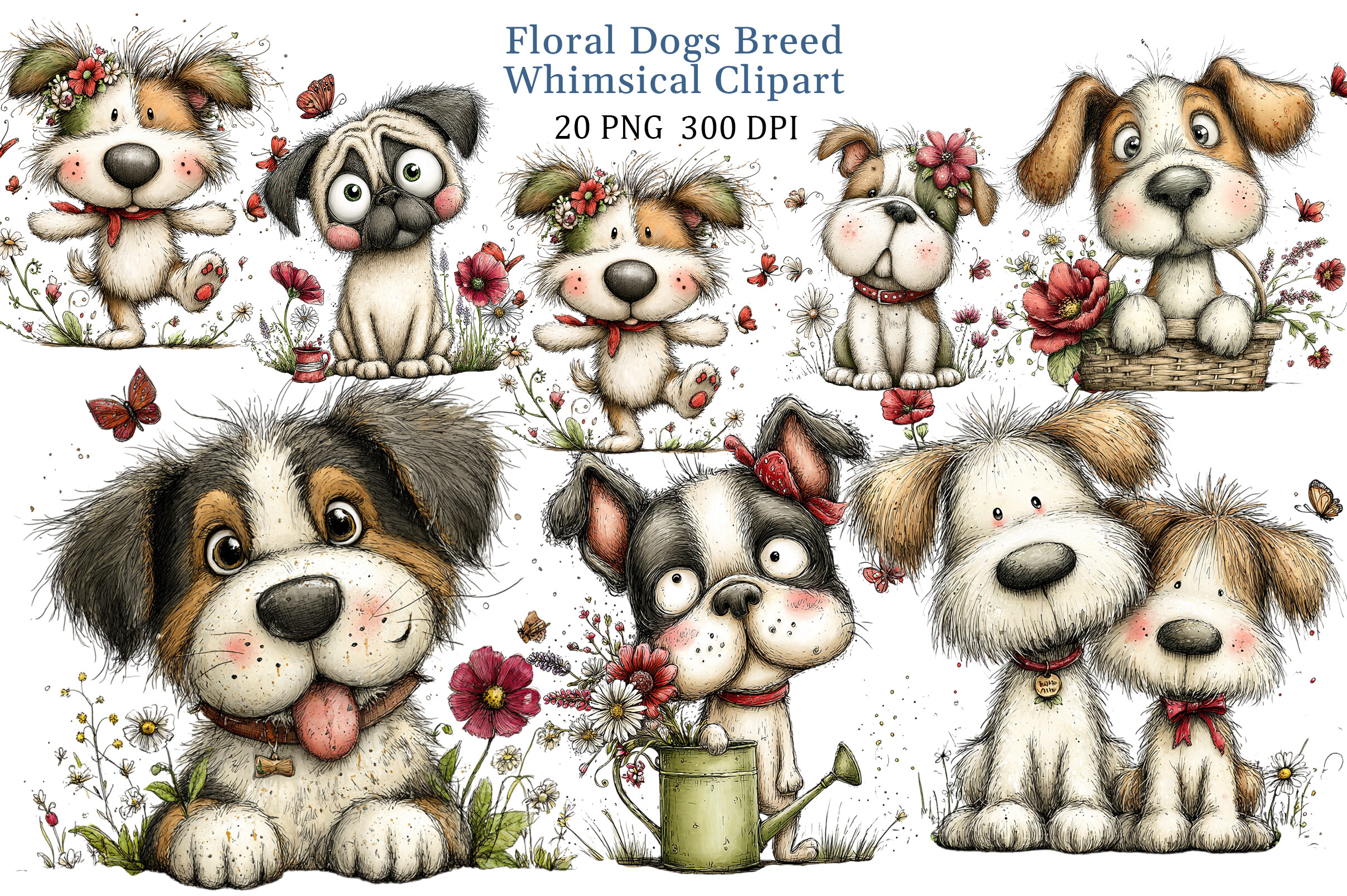 Floral Dogs Breed Whimsical Clipart Set Graphic by PRO DESIGN ...
