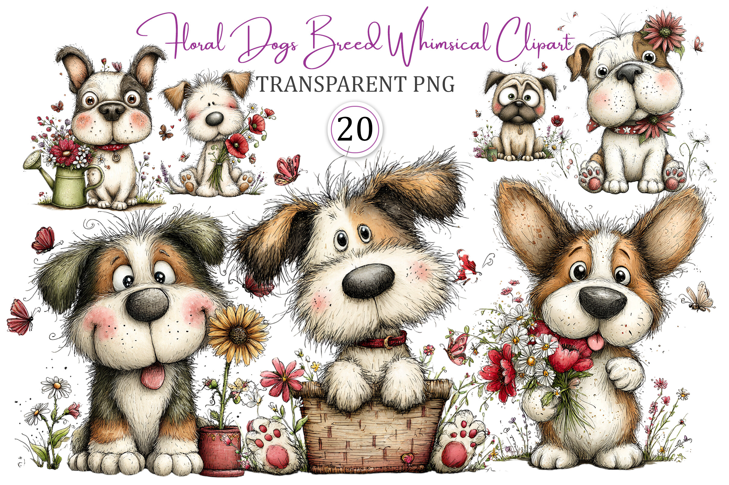 Floral Dogs Breed Whimsical PNG Bundle Graphic by KDP TEMPLATES ART ...