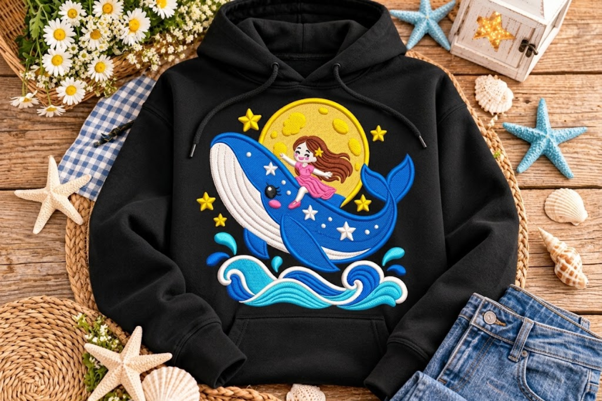 Ocean Blue Whale Moon Girl Embroidery · Creative Fabrica